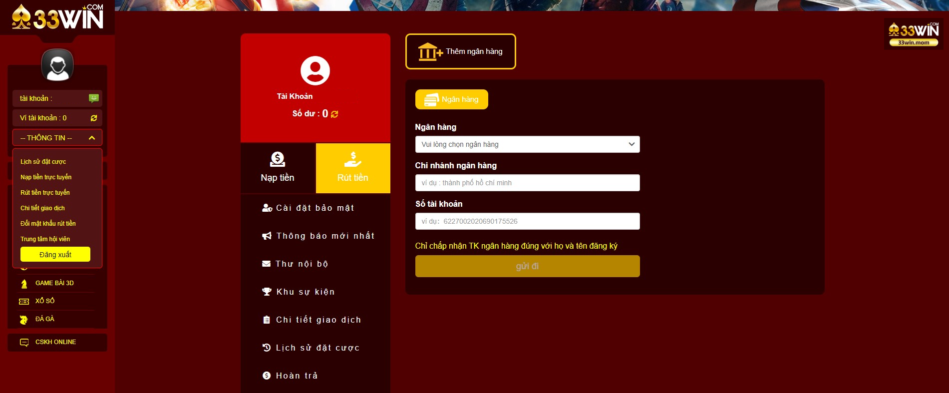 Đảm bảo thông tin ngân hàng đầy đủ, chính xác để rút tiền từ 33Win dễ dàng nhất Đảm bảo thông tin ngân hàng đầy đủ, chính xác để rút tiền từ 33Win dễ dàng nhất
