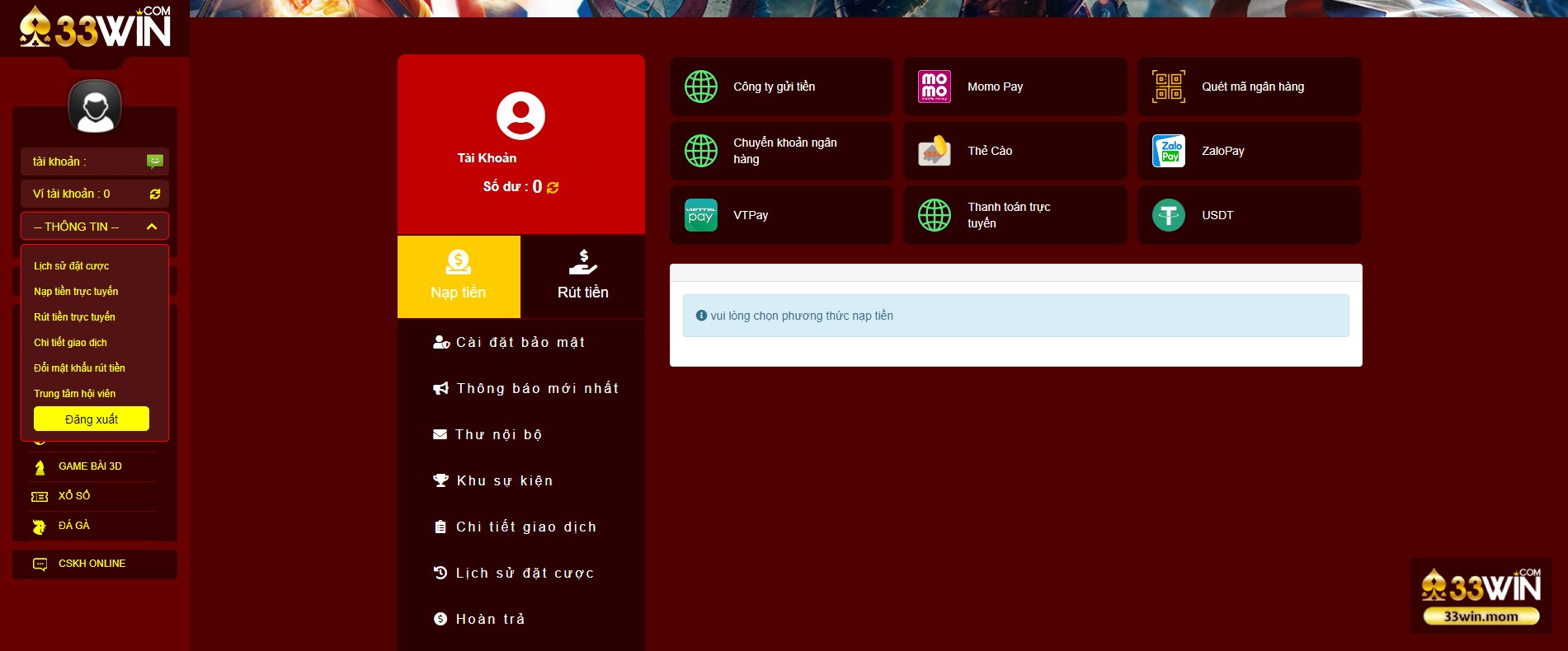 Hướng dẫn từng bước nạp tiền 33Win, giúp anh em dễ dàng lựa chọn phương thức phù hợp nhất Hướng dẫn từng bước nạp tiền 33Win, giúp anh em dễ dàng lựa chọn phương thức phù hợp nhất